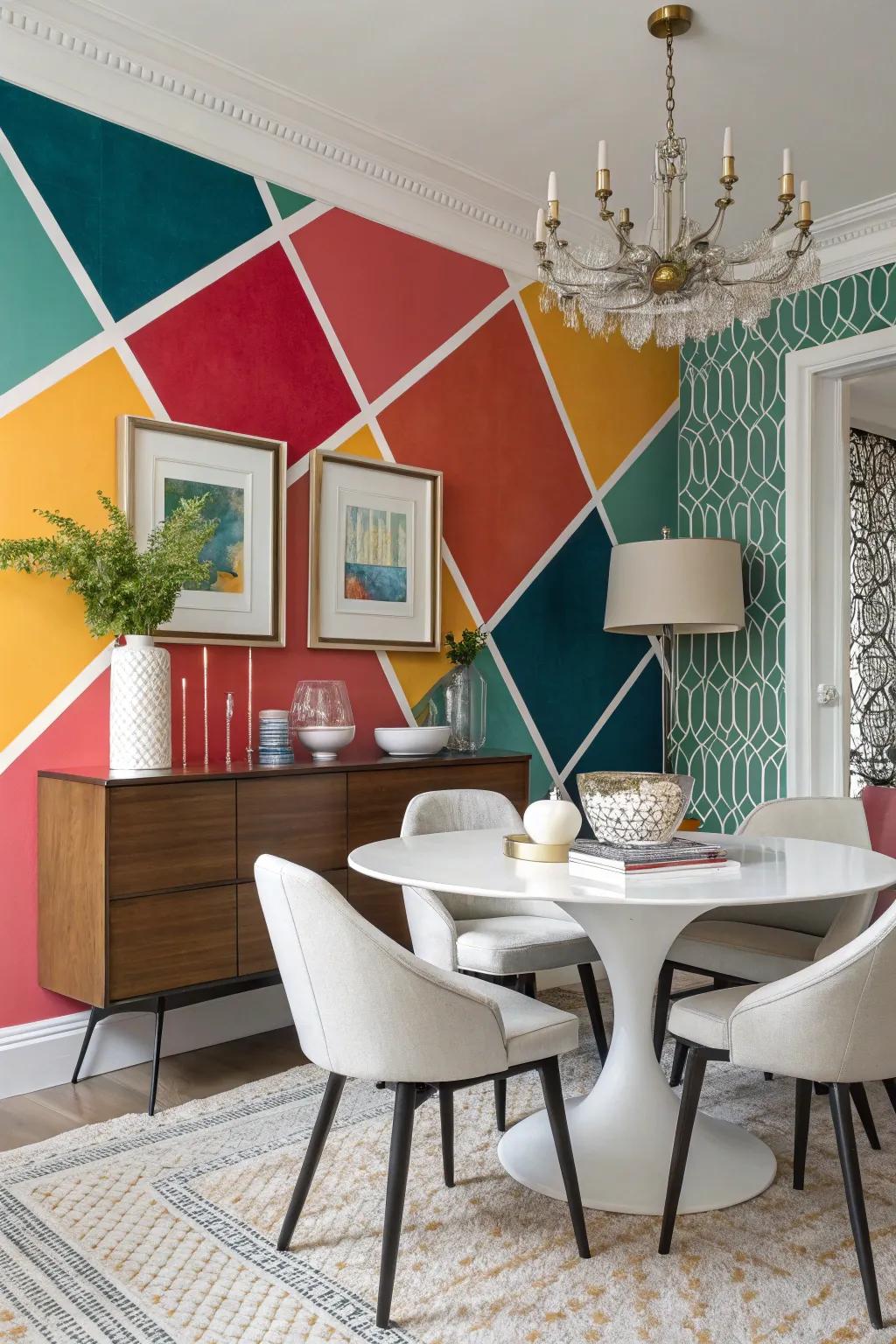 Bold color segments forge a striking visual statement within this contemporary dining space.