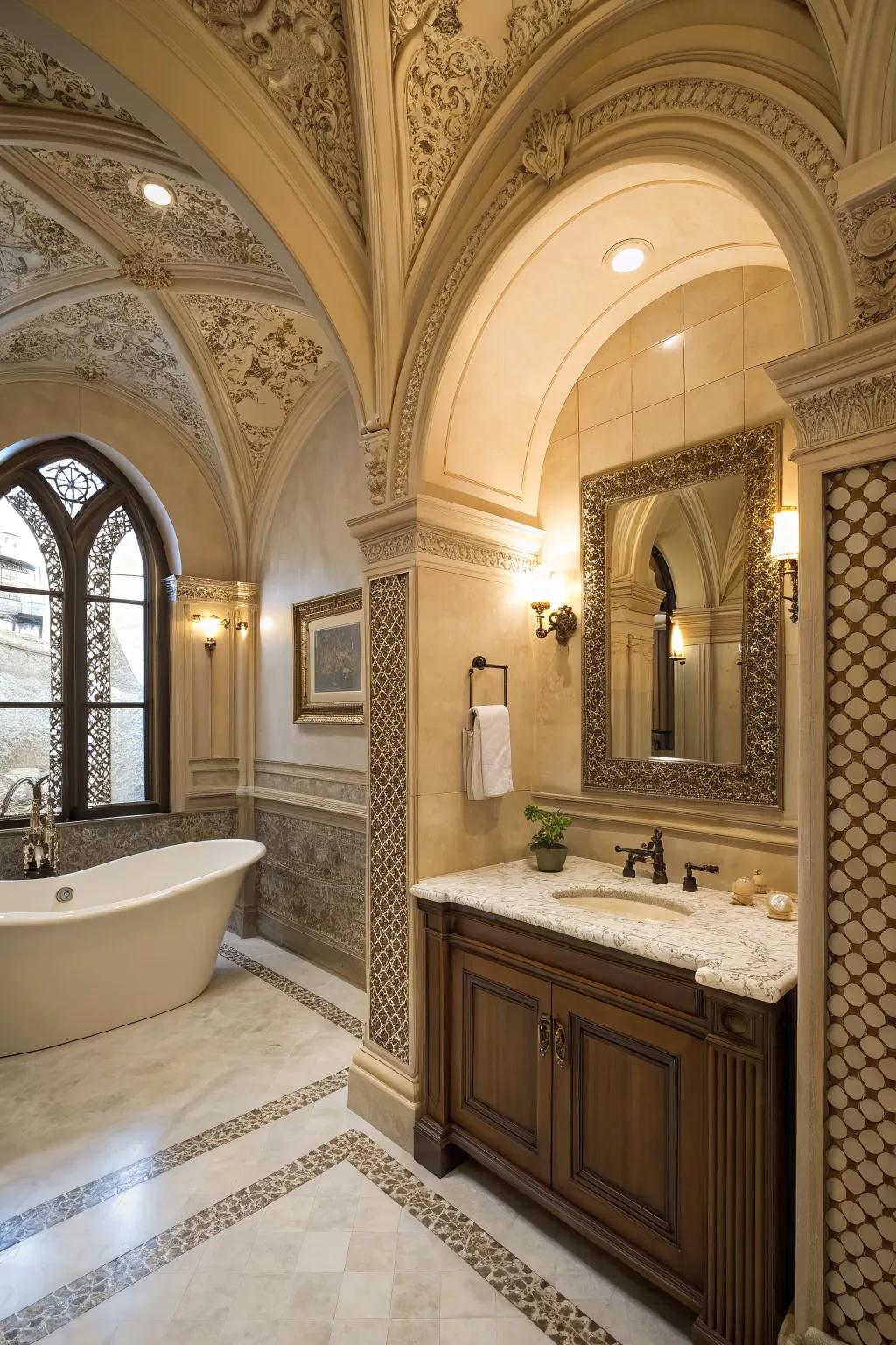 Architectural details add depth and sophistication to this elegant bathroom.