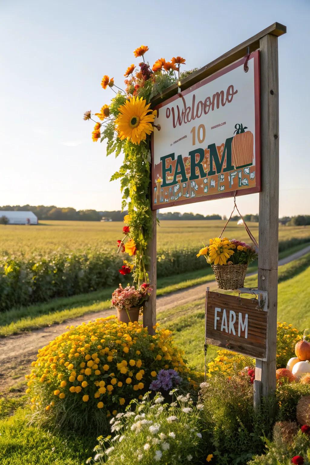 Seasonal touches imparting a celebratory essence to a farm marker.