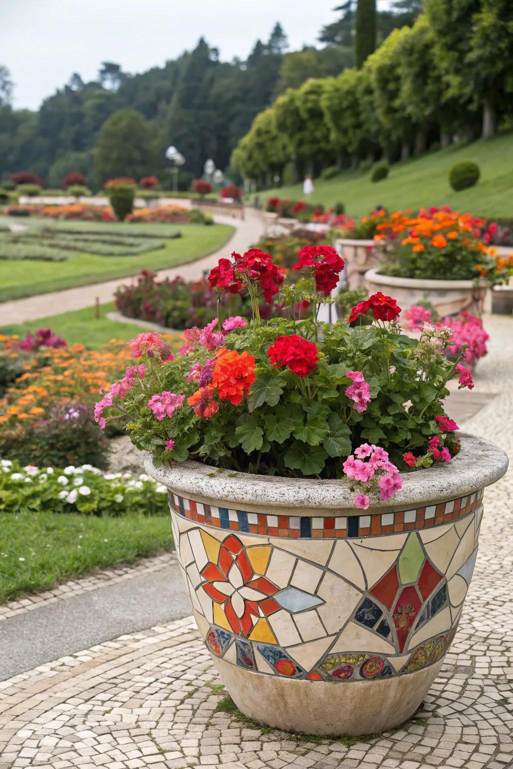 A creative tile pot serves as a vibrant and unique home for colorful geraniums.