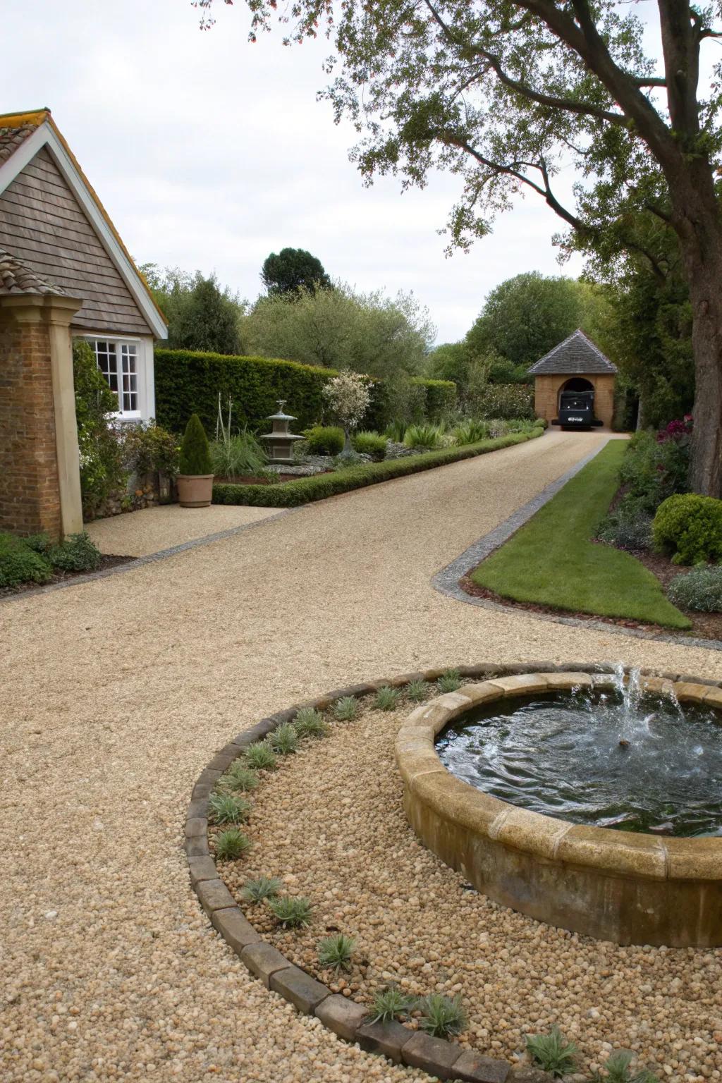Water features append serenity and charm to gravel pathways.