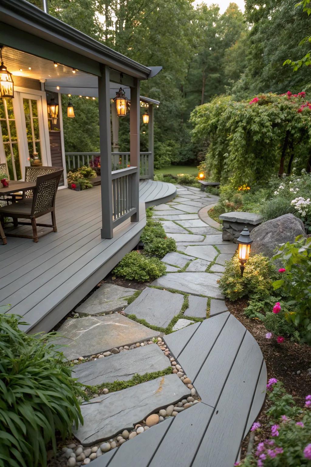 Elegant stone accents enhancing a grey deck's design.