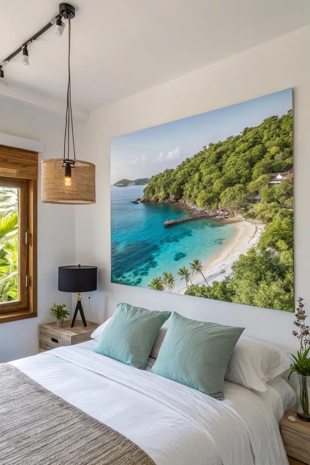 A tranquil island sanctuary visual injecting serenity into a bedroom.