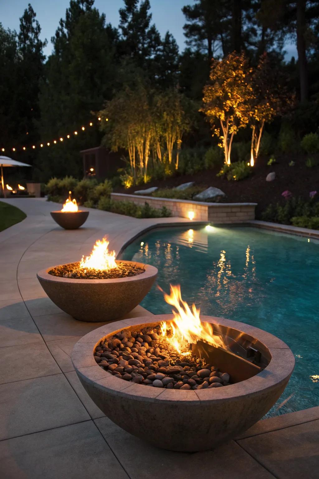 A pool decorated by fire components to achieve a dramatic atmosphere.