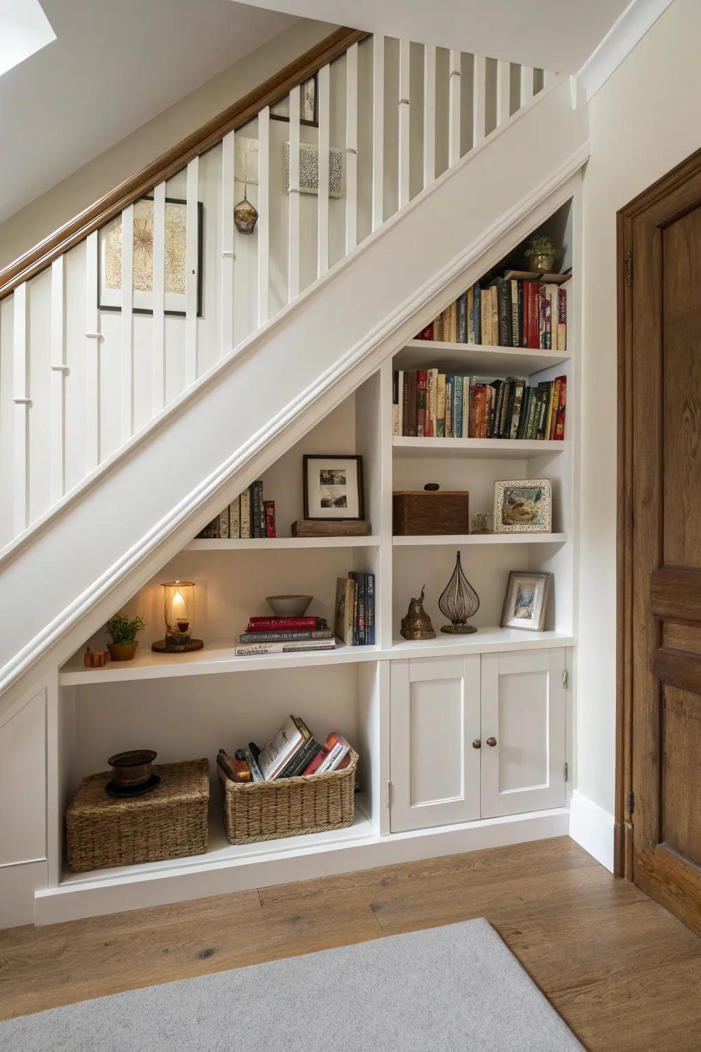 Make the most of every inch with under-stair recessed shelving.