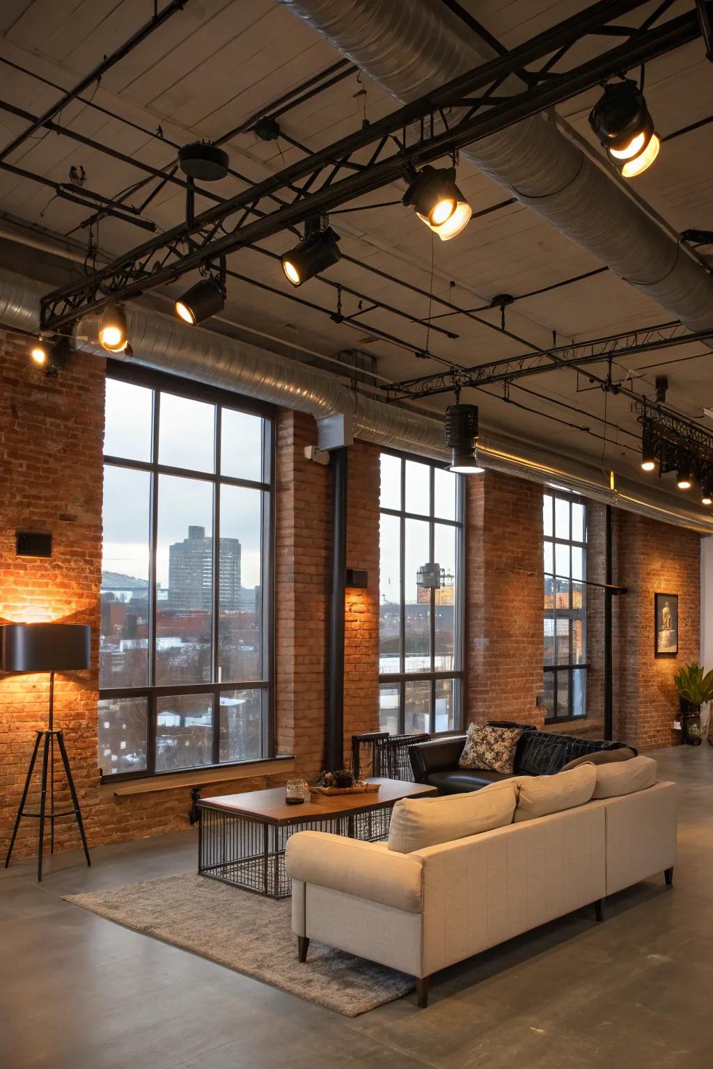 A warehouse-style living space enhanced with dramatic LED flood lighting
