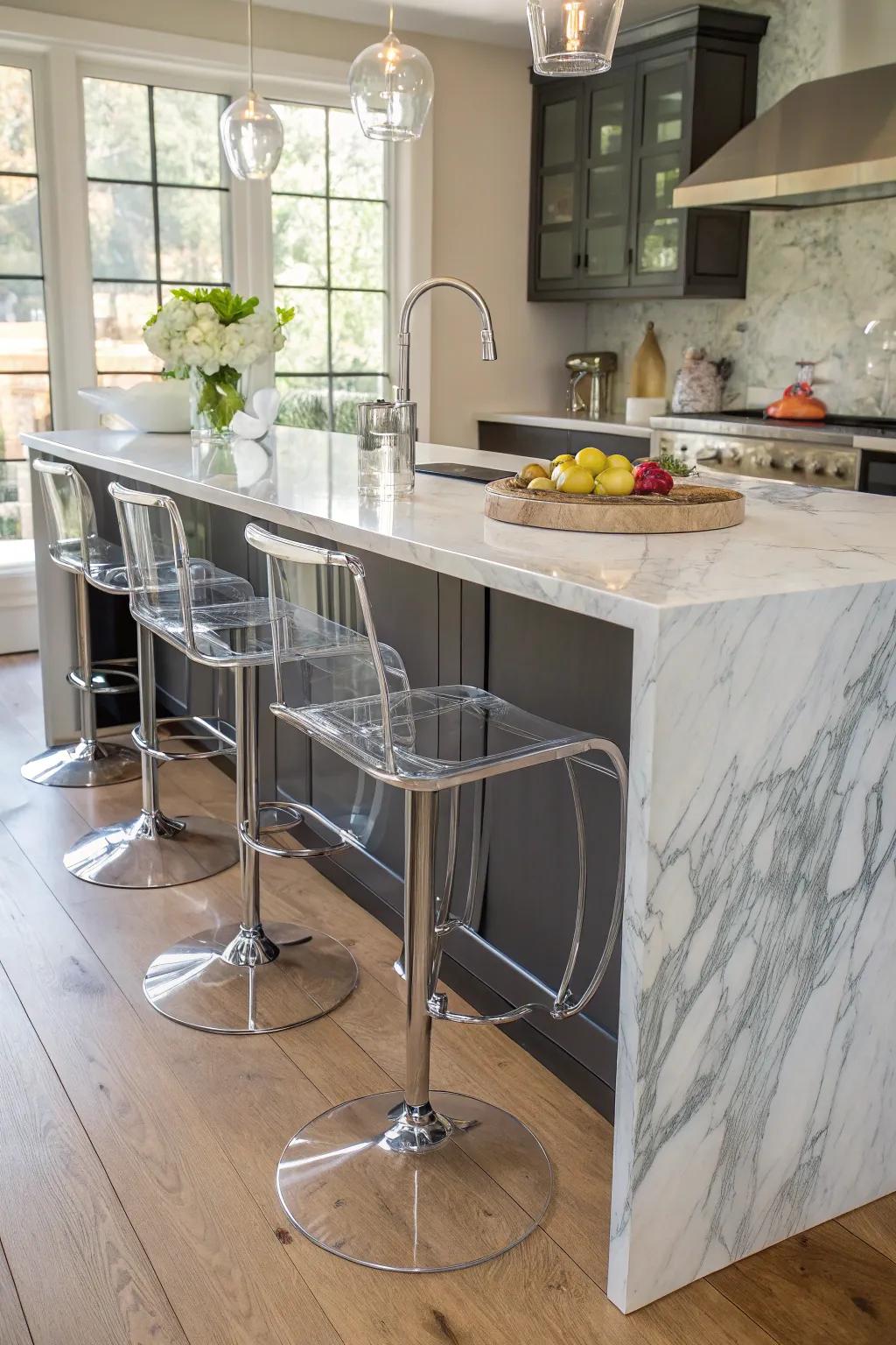 Sheer seating upholds a spotless and open aesthetic.