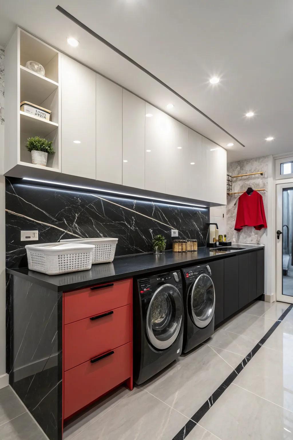Bold black countertops make a striking statement.