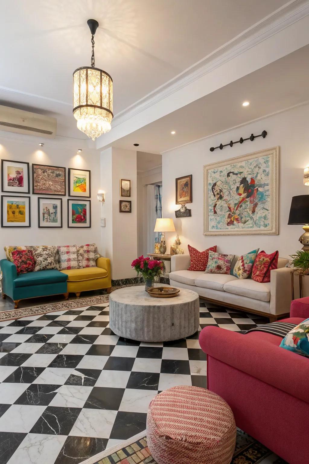 Alternating tile flooring adds a playful yet sophisticated touch.