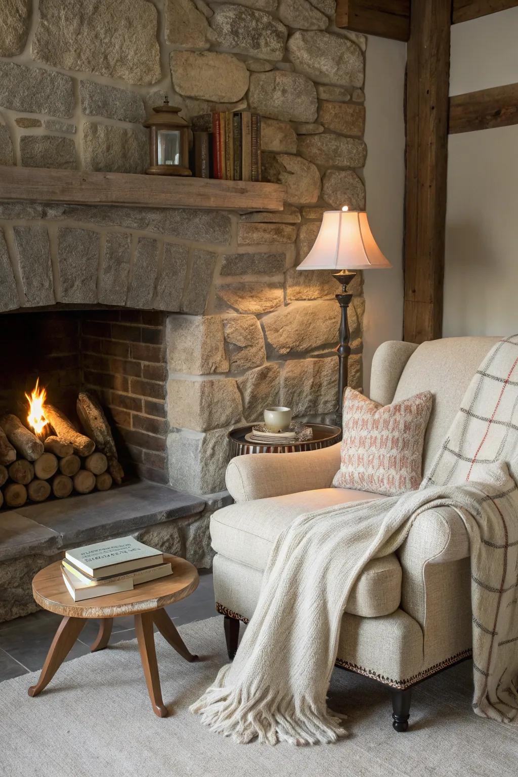 For relaxation and gatherings, a cozy nook by the fireplace is ideal.