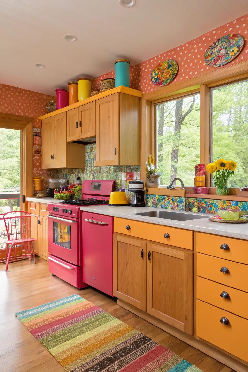 A lively kitchen with walnut cabinets and vibrant color contrasts for an energetic feel.