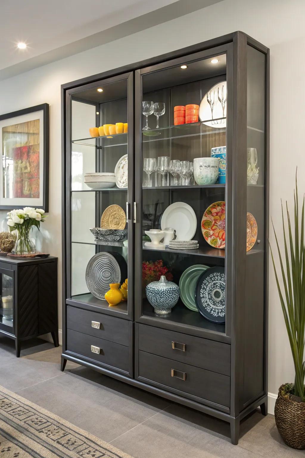 A vibrant layout maintains a china cabinet fresh.