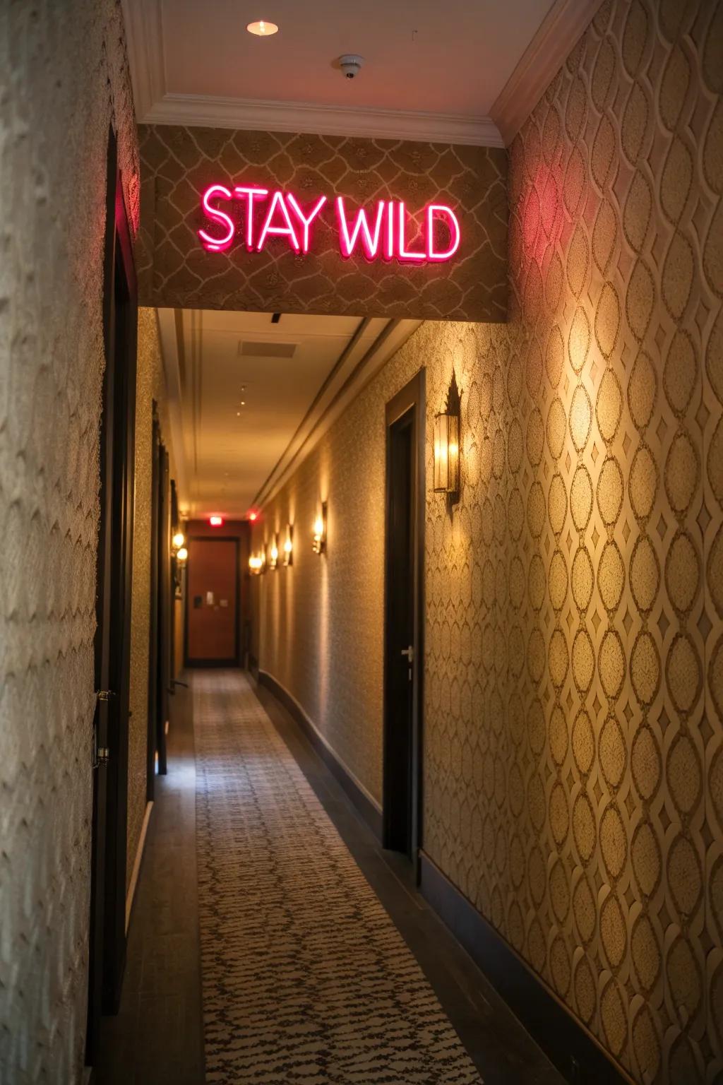 A neon design pops against textured surfaces for added dimension.