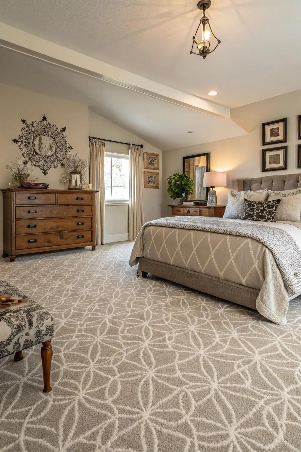 Unforeseen graphics in neutral carpets add personality and flair.
