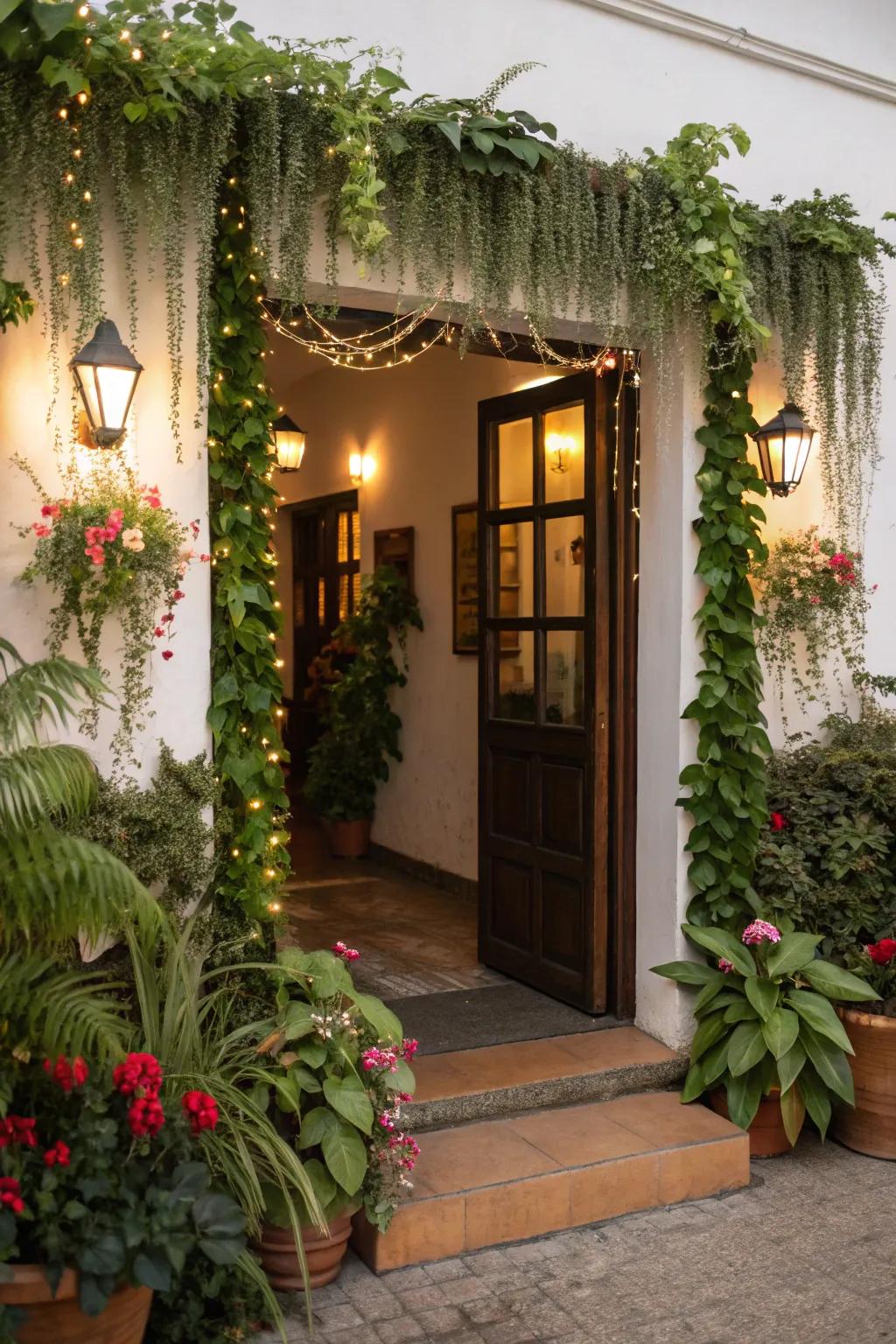 Hanging swags contribute celebratory cheer to doorways and halls.