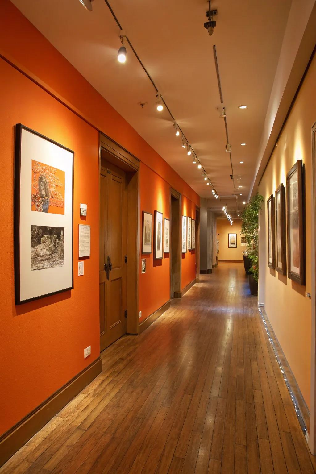 A hallway converted into an artistic showcase with a tangerine-inspired gallery wall.