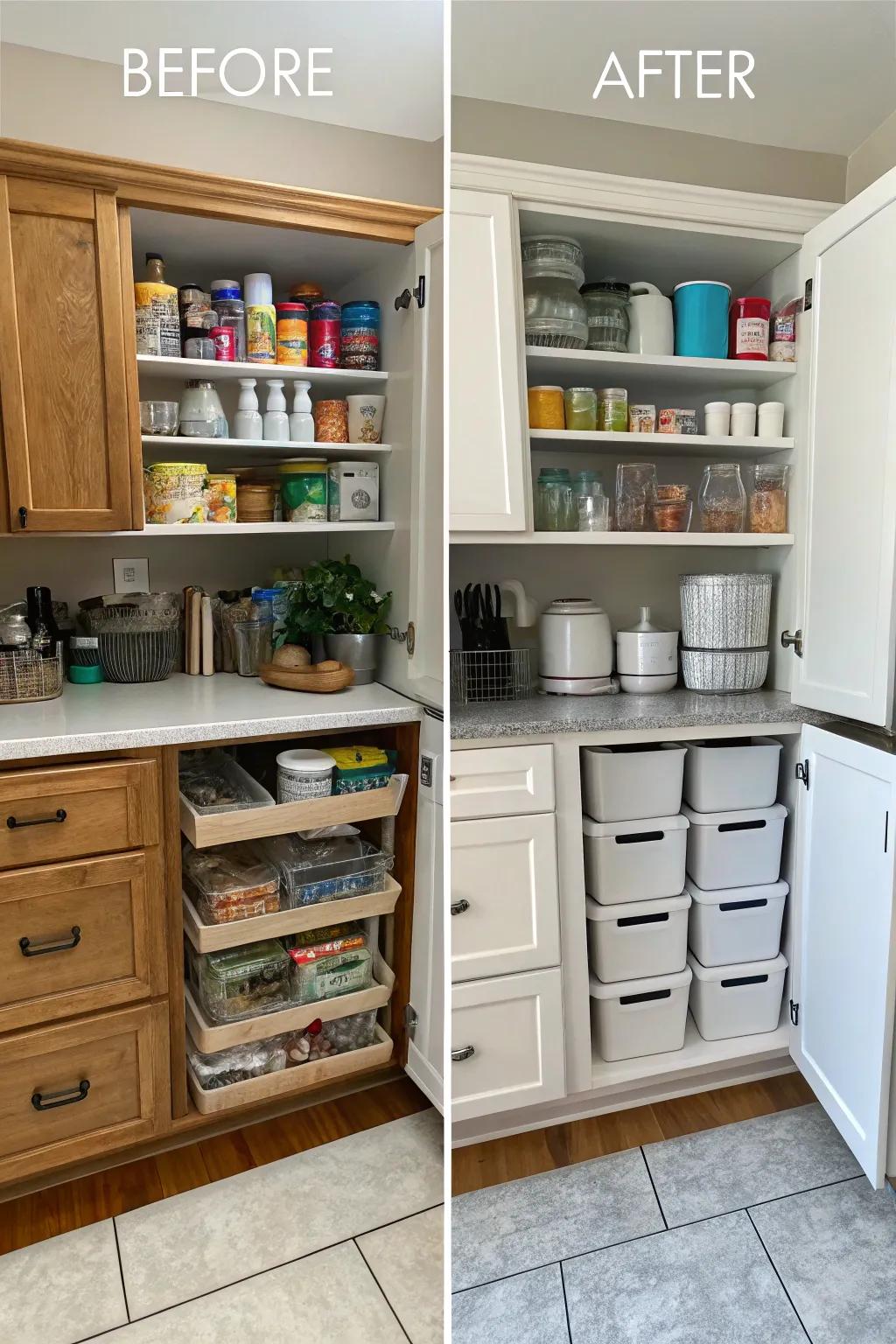 Before and after images showcase a dramatic cabinet transformation.