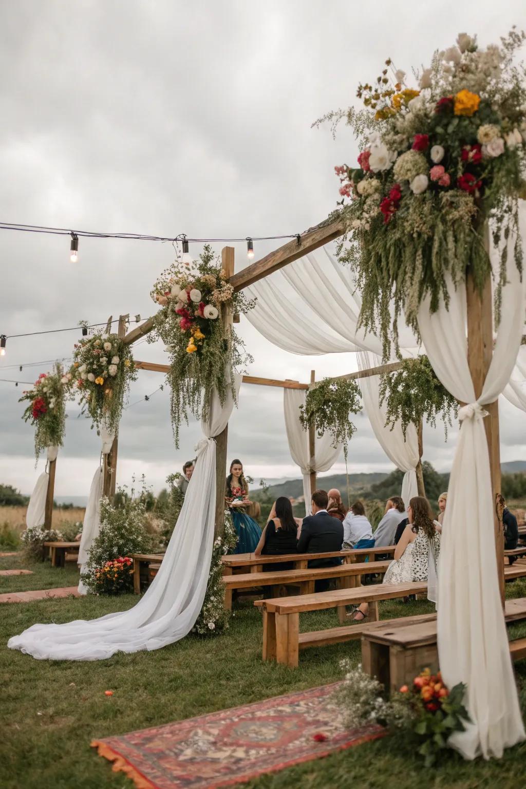Lush suspended floral installations fashion a garden-esque atmosphere.