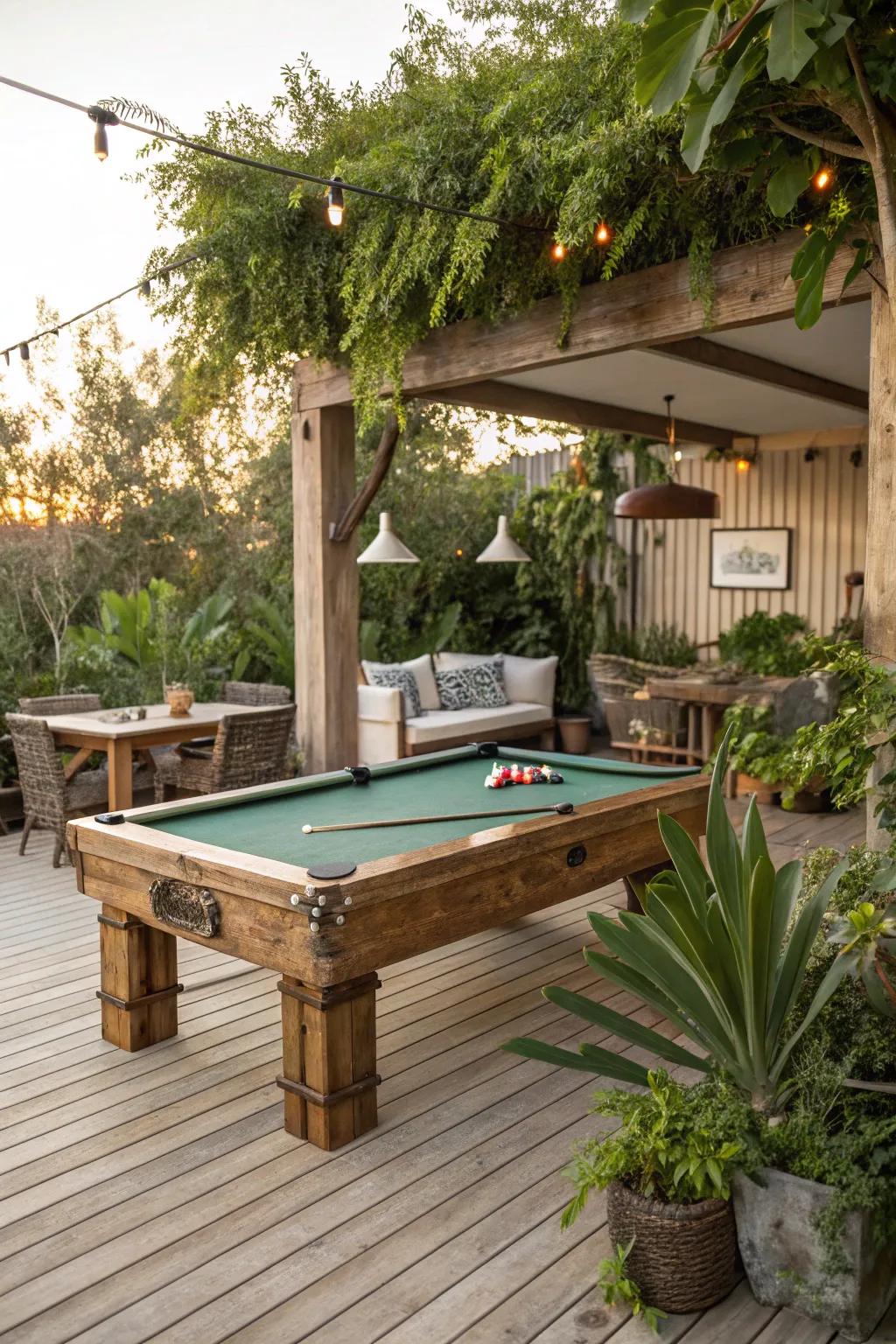 An eco-friendly billiard table area showcasing reclaimed wood and natural decor.