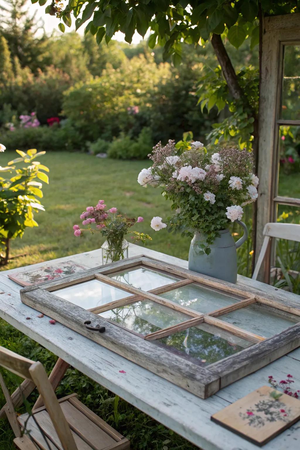 Reclaimed window frame table tops convey vintage charm and nostalgia to outdoor areas.