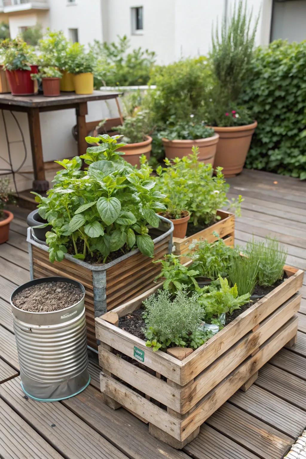 Herb spots using upcycled materials.