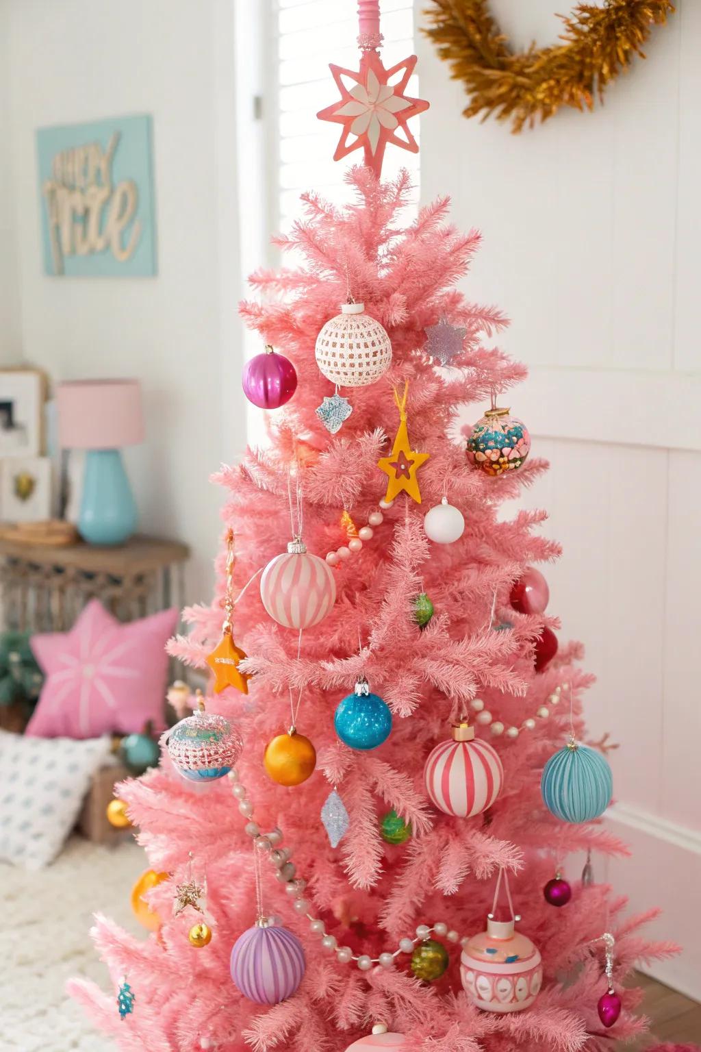 DIY ornaments inject a personalized impression into this charming pink tree.