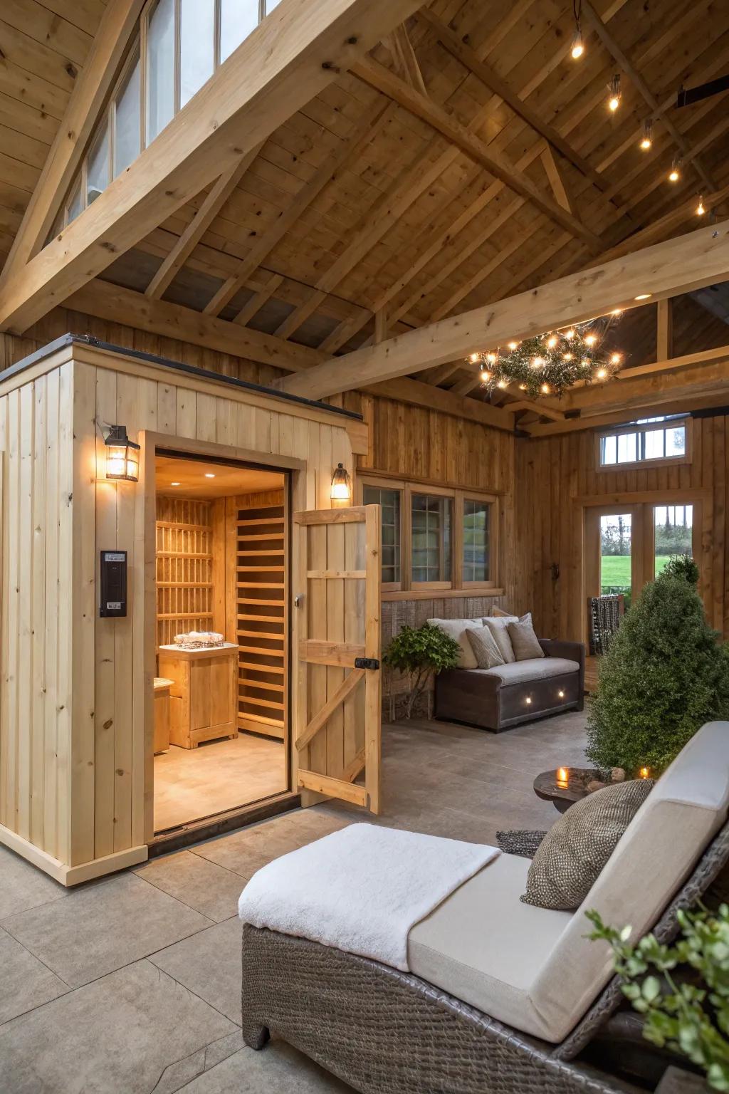 A spa featuring a sauna and relaxation space in a pole barn.
