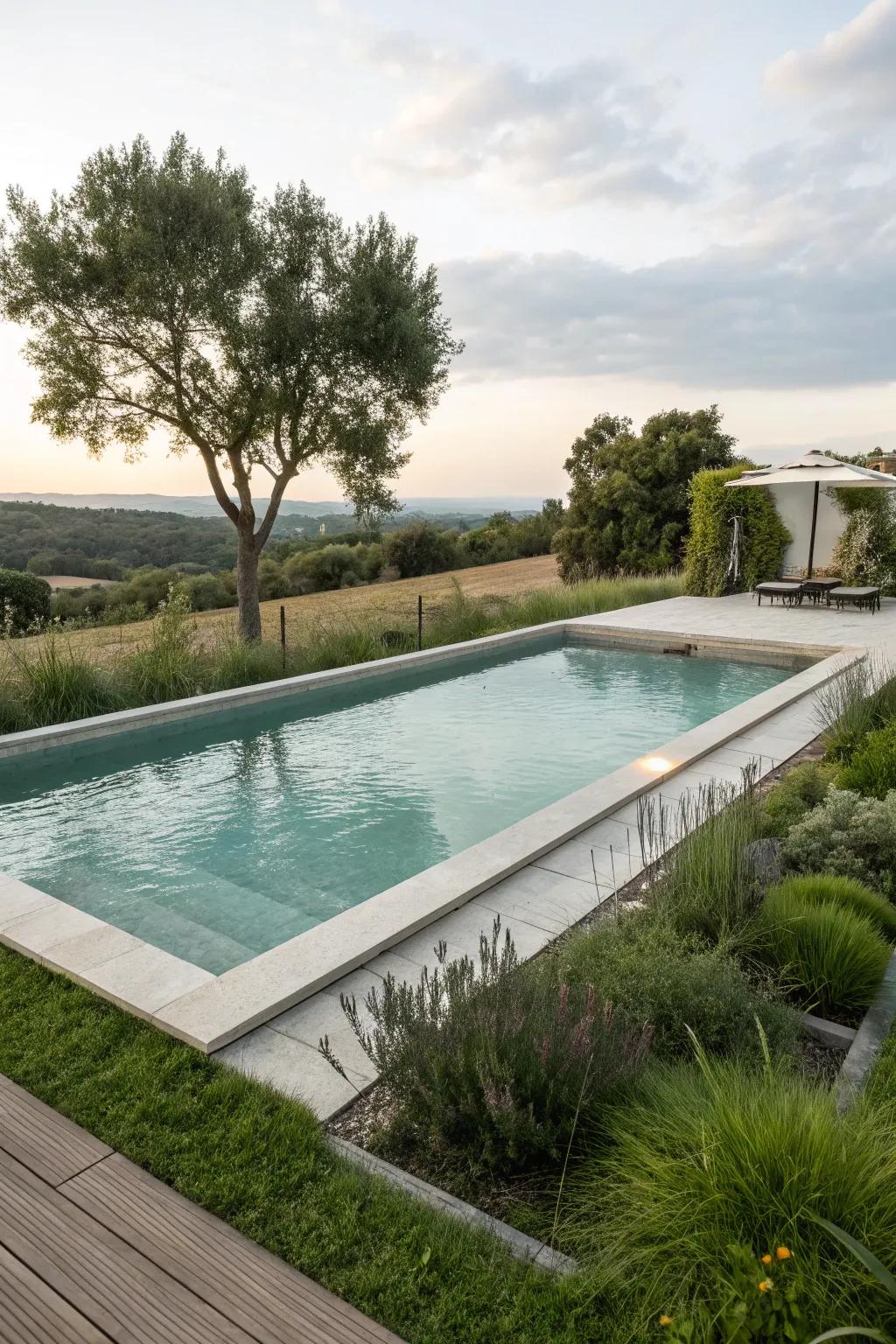 Environmentally conscious materials augment the pool with sustainable splendor.