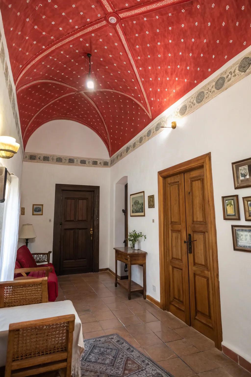 Unanticipated red details like a ceiling or entryway introduce a special twist.