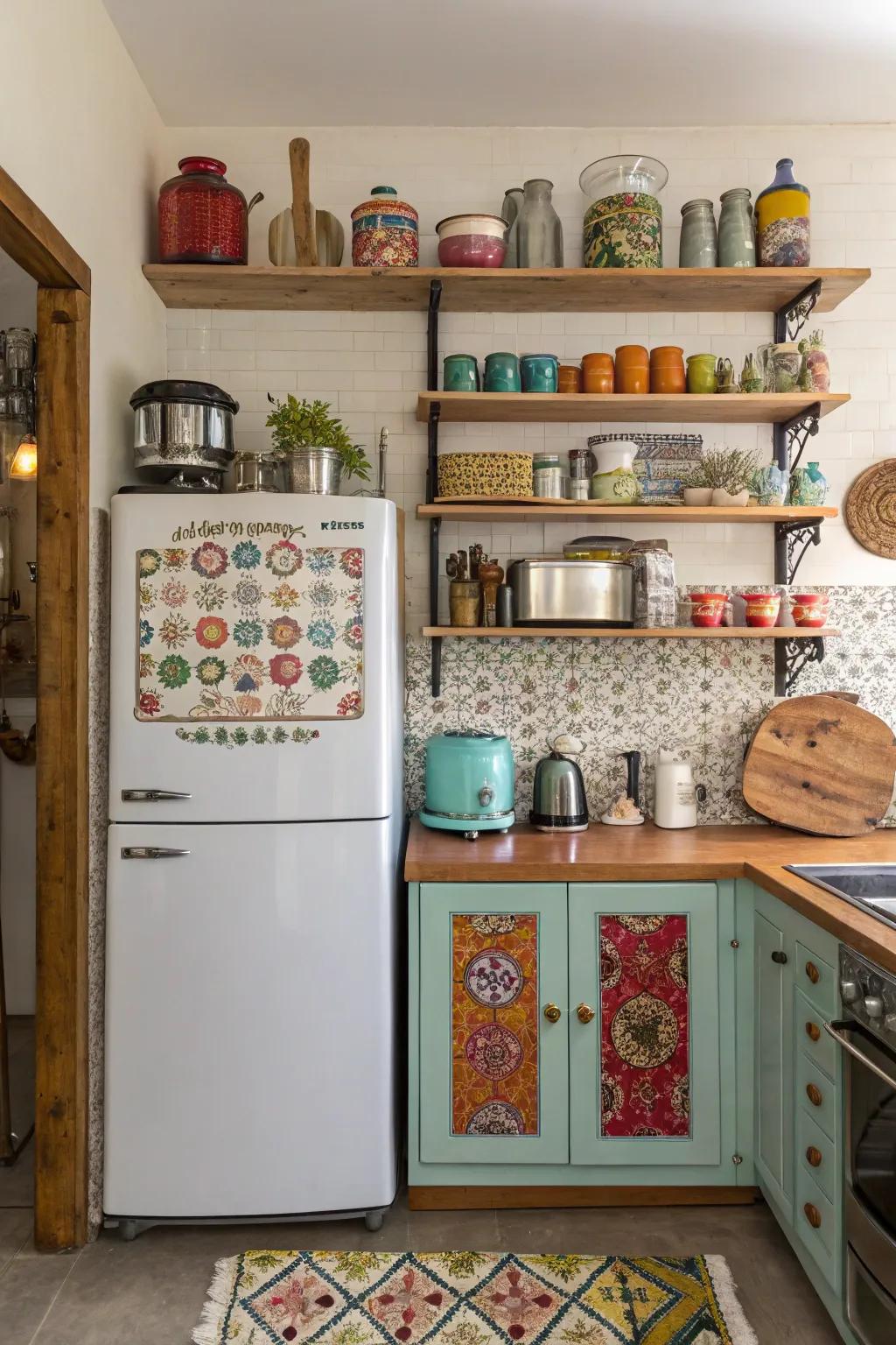 An eclectic merge of styles encircling the refrigerator infuses vigor and character into the kitchen.