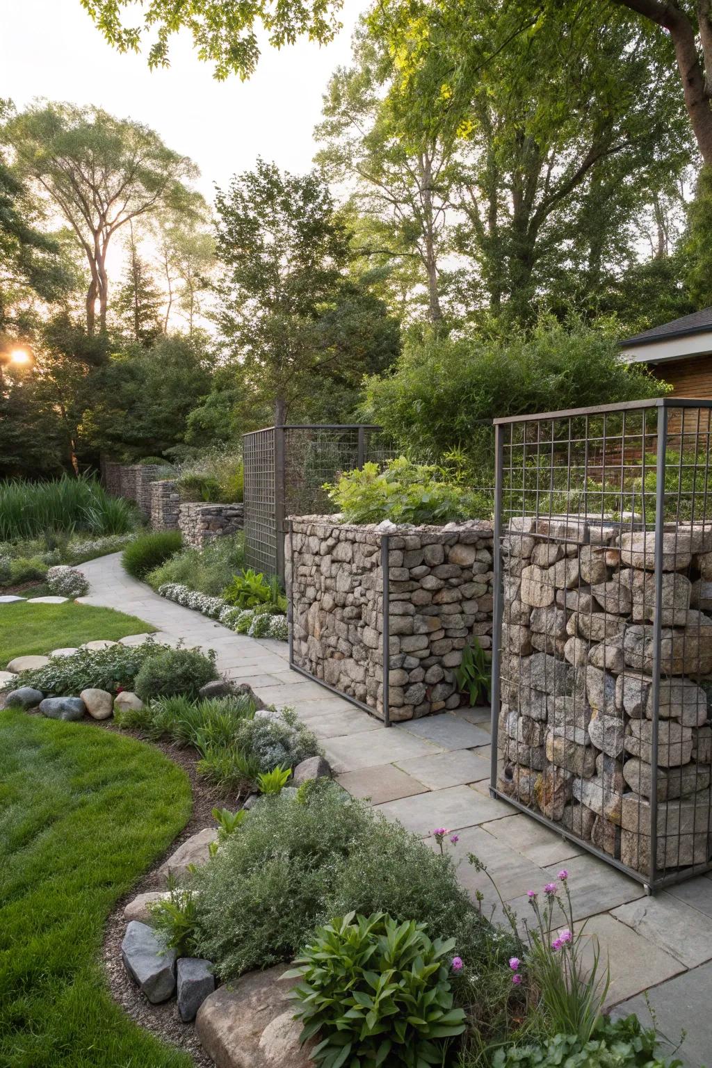 Gabions filled with stones present architectural intrigue.