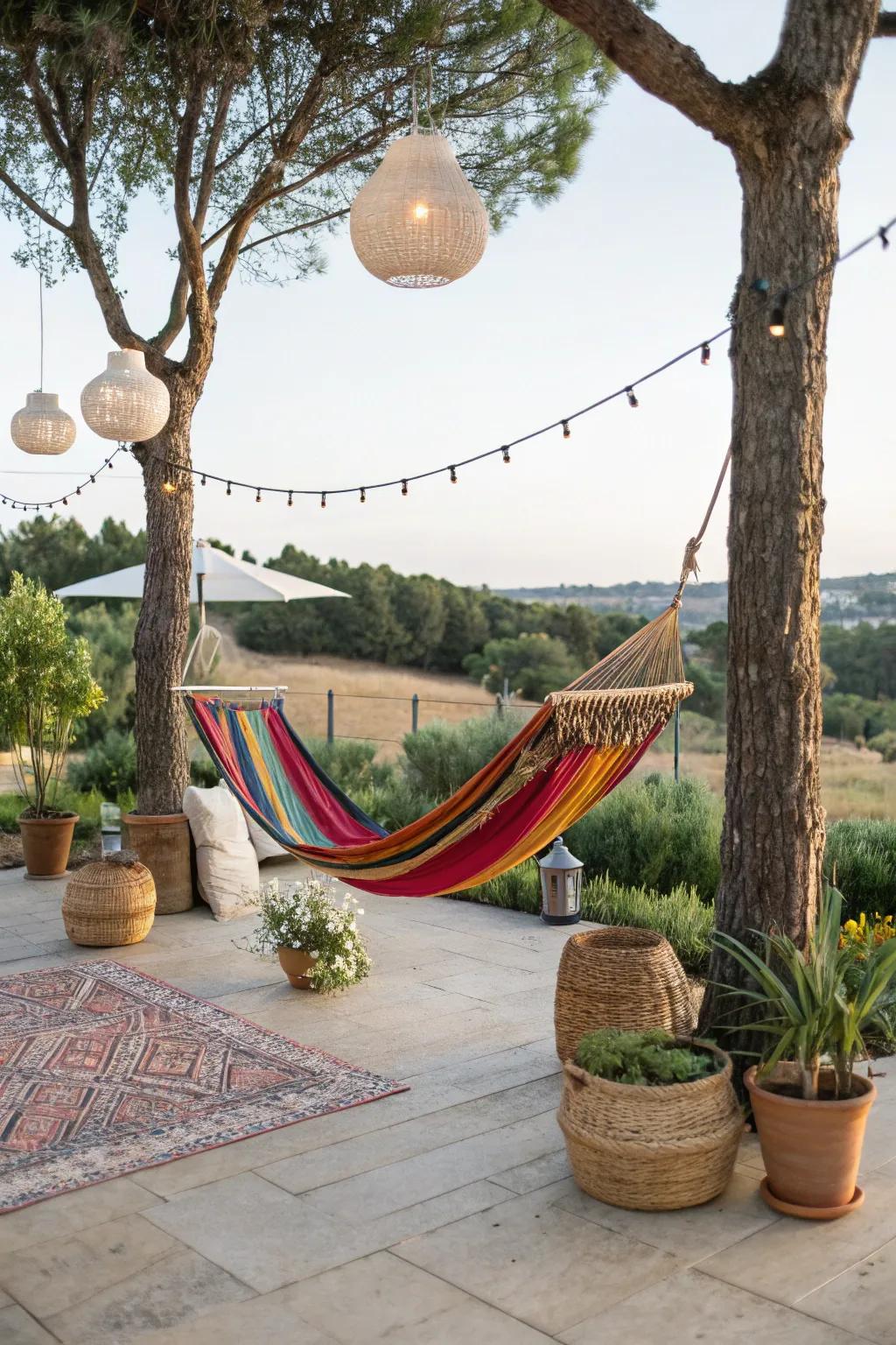 A boho-inspired outdoor space enhances the countryside style outside.