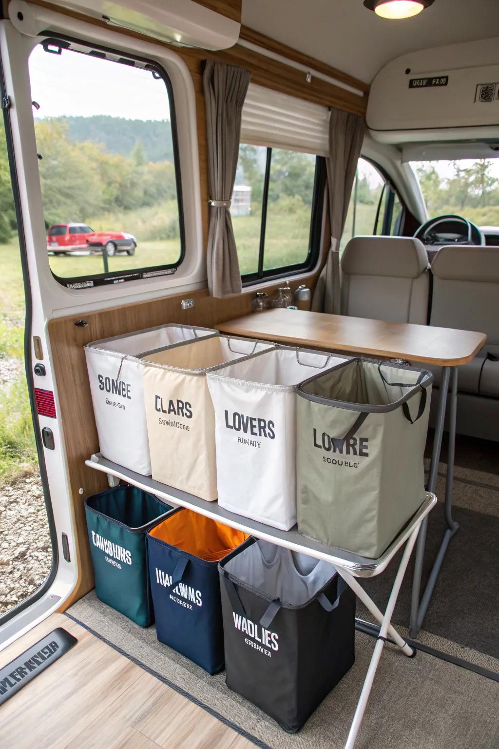 Colored hampers making laundry sorting simple in an RV.