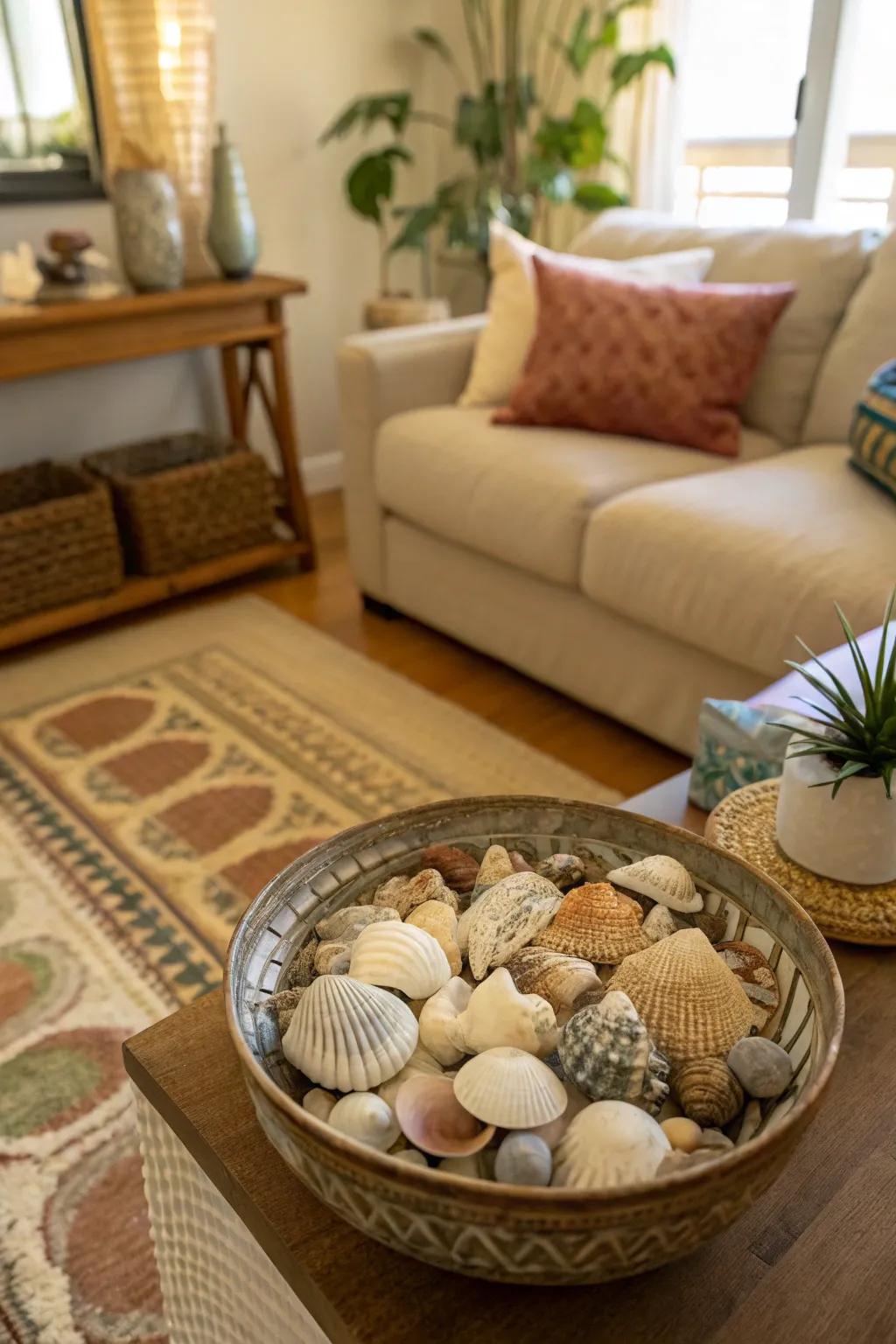 A dish of seashells furnishes a straightforward and inviting display for whichever chamber.