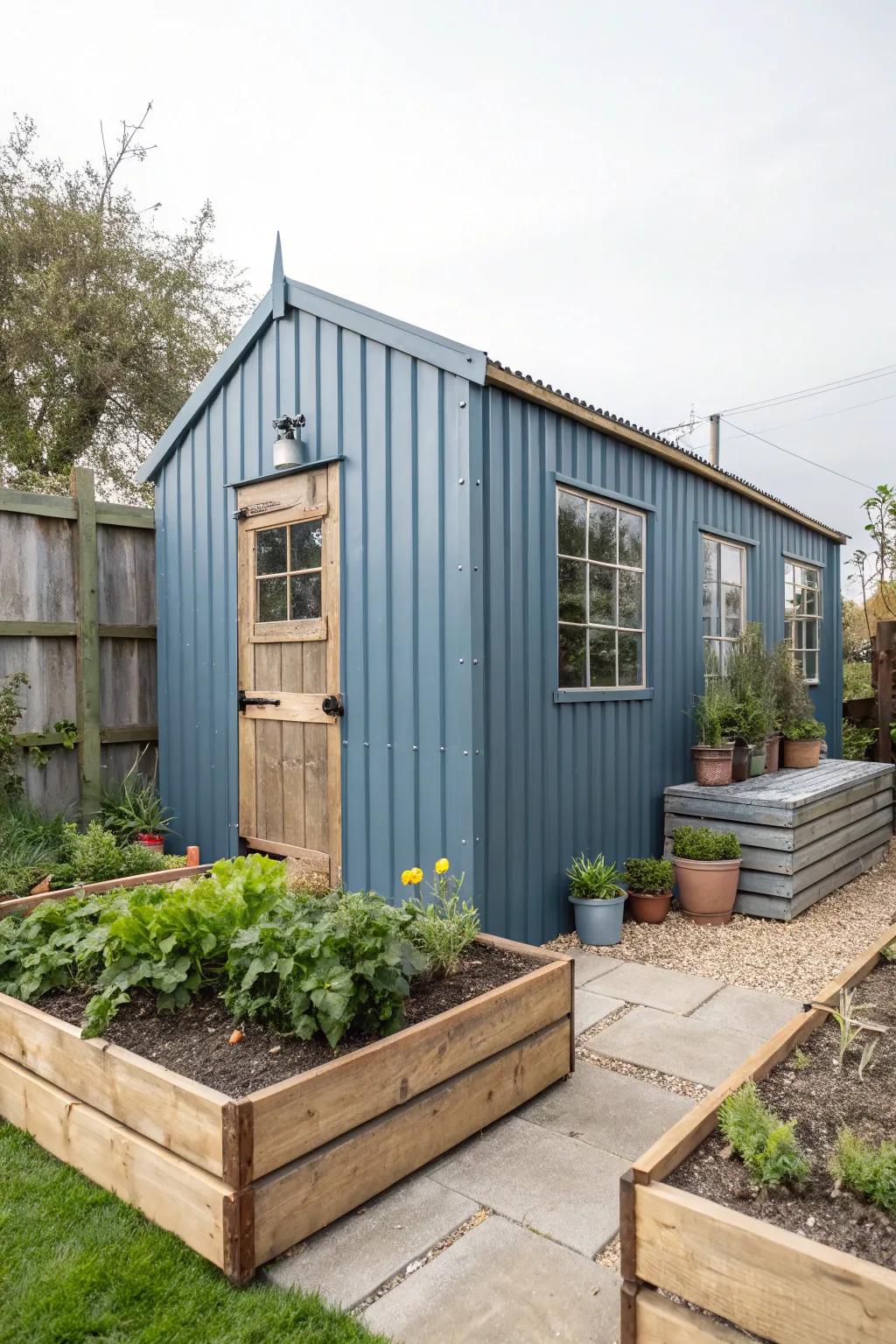 Cast iron blue sheds offer an industrial sophistication look with modern and rustic elements.