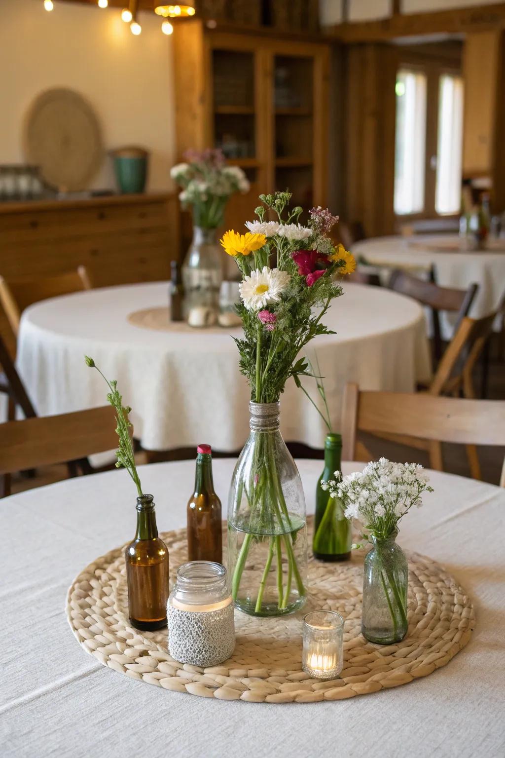Upcycled glass bottles build a charming and eco-conscious centerpiece.