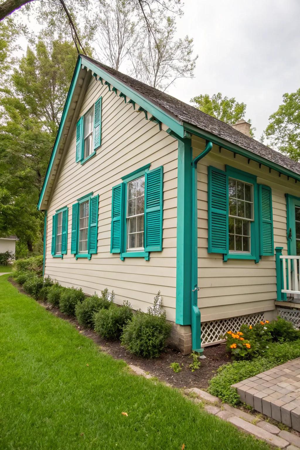 Playful teal guards add a splash of color to this cottage.