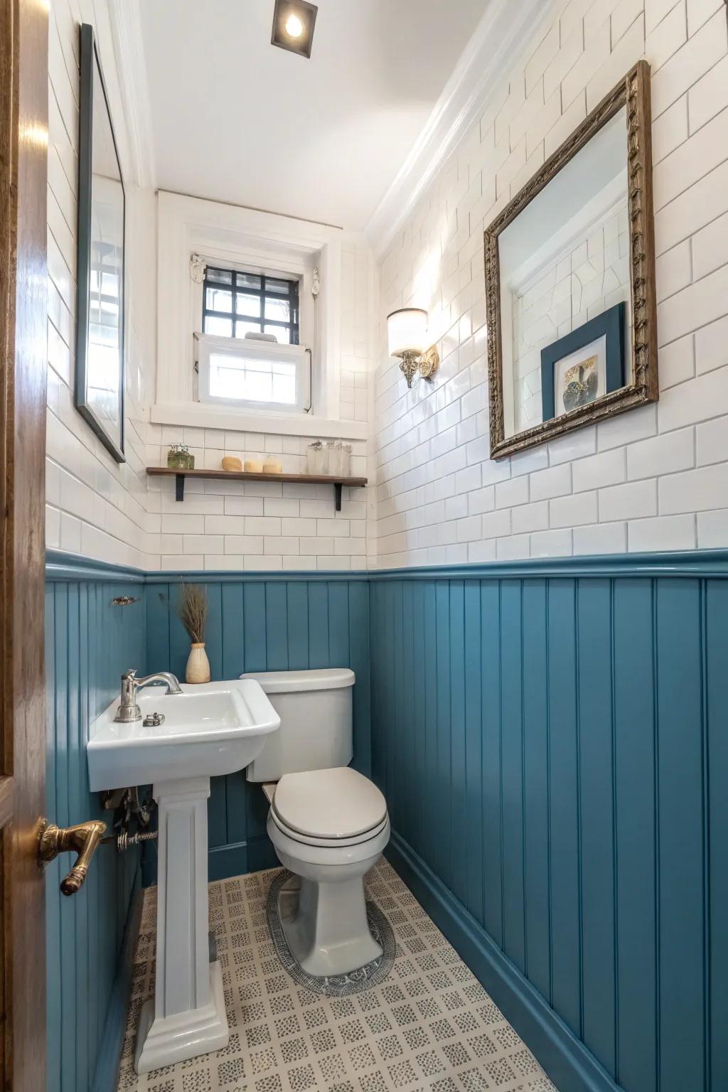 Blue wainscoting provides a classic and sophisticated component into the bathroom design.