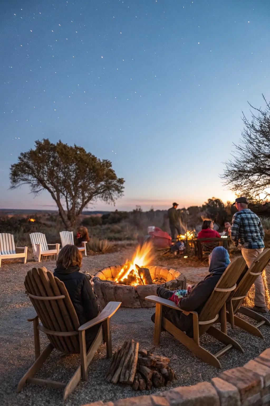 A comfortable outdoor fire setup with seating and visitors experiencing the warmth.