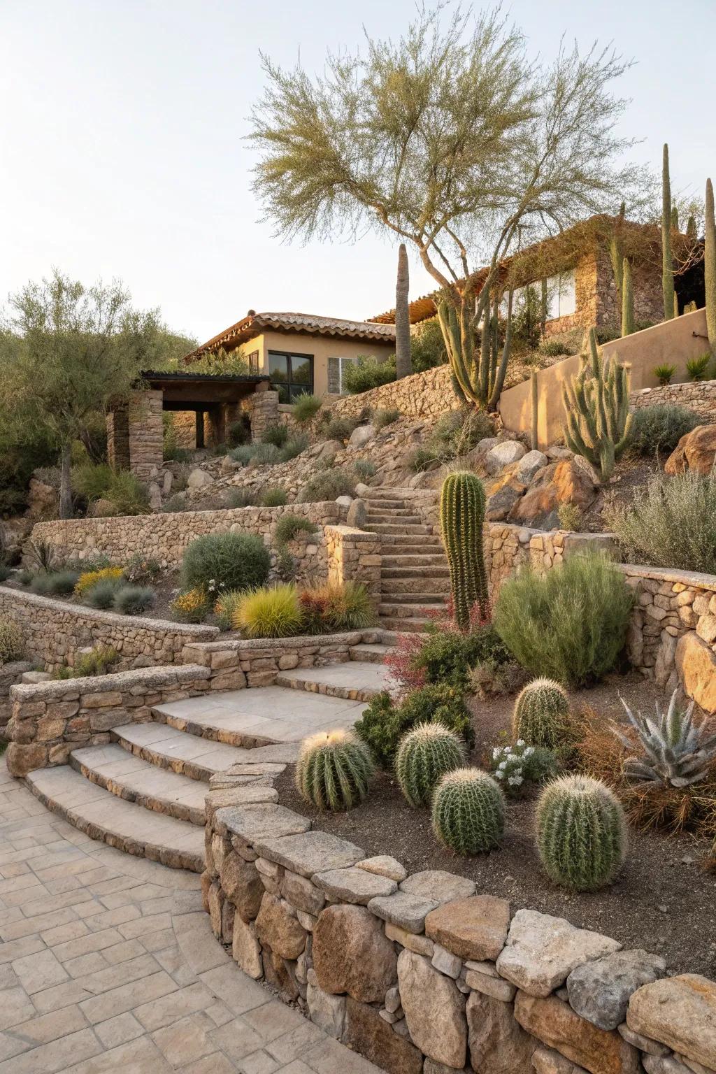 Terraced landscape design managing slopes beautifully.