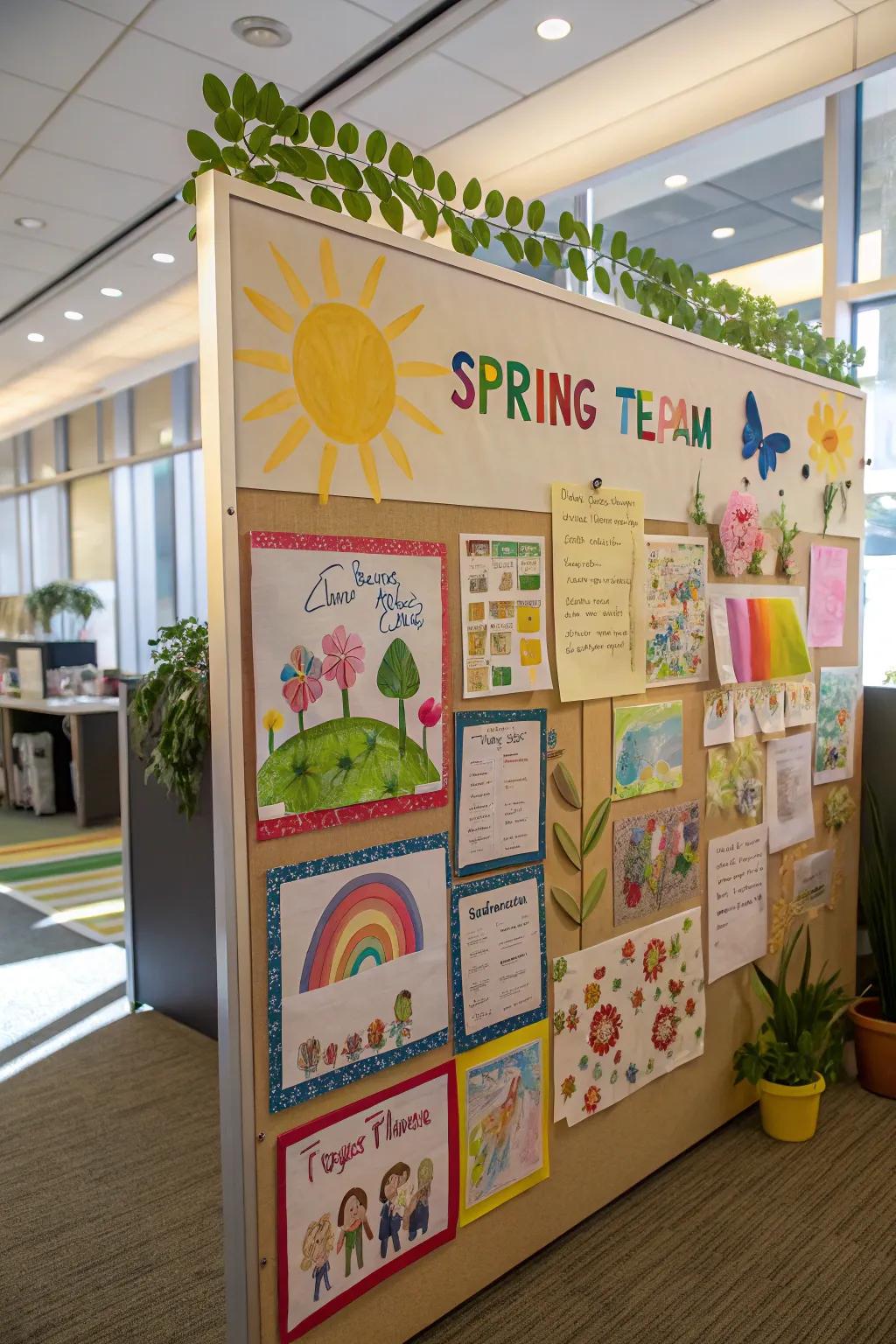 A miniature art exhibit mood board featuring spring-inspired artwork by colleagues.