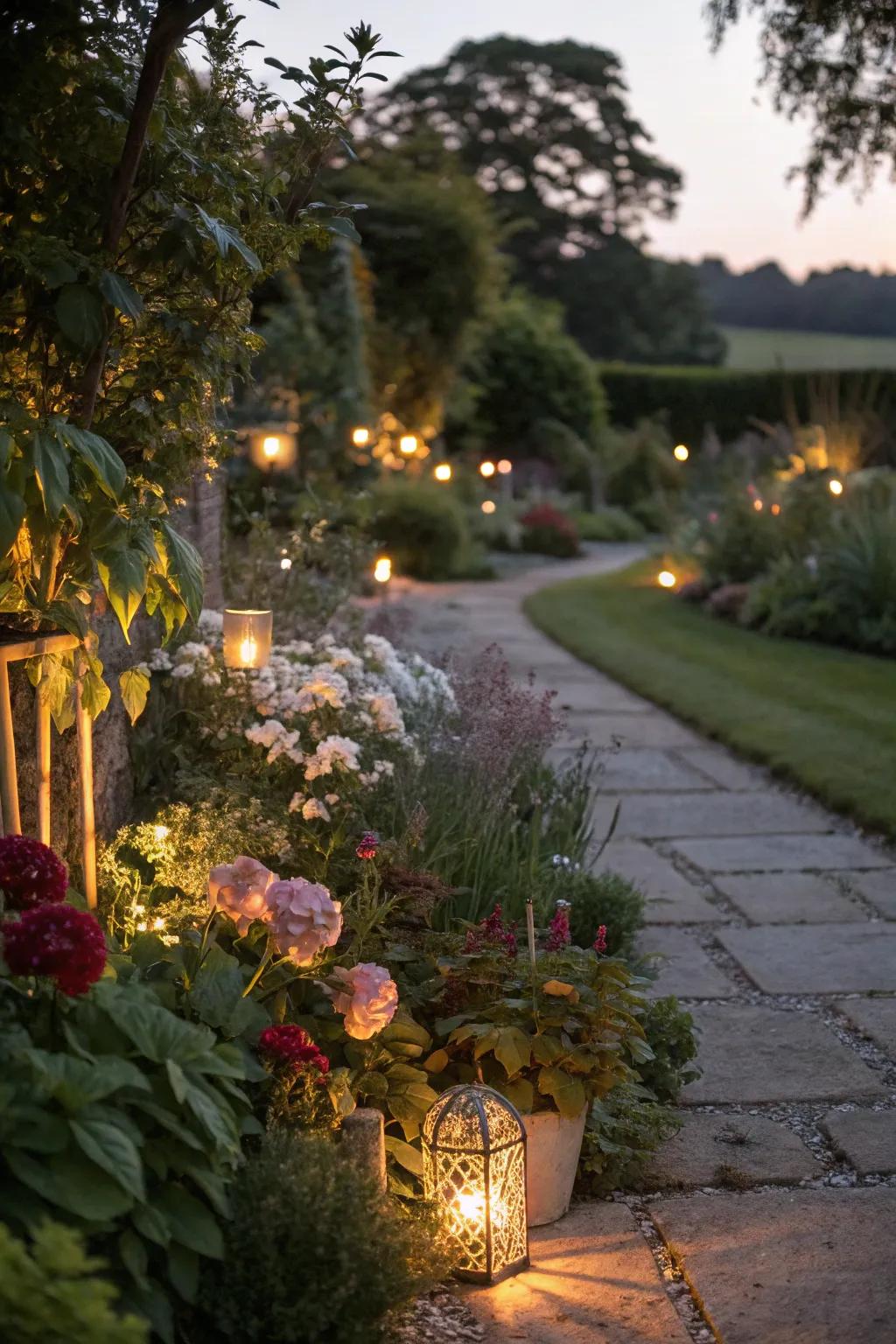 Garden lighting enhances the evening atmosphere.