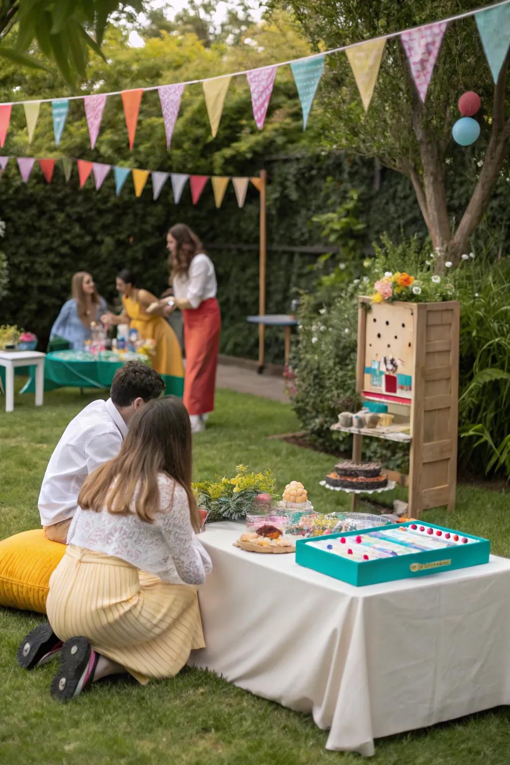 A garden party showcasing a hidden dessert table.