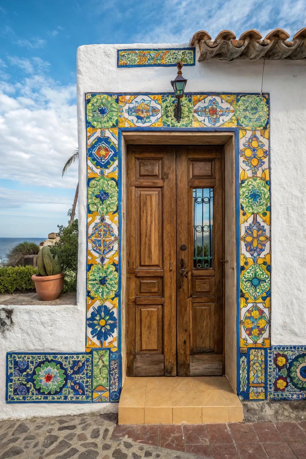 Welcome guests with a dynamically framed Andalusian tile door.