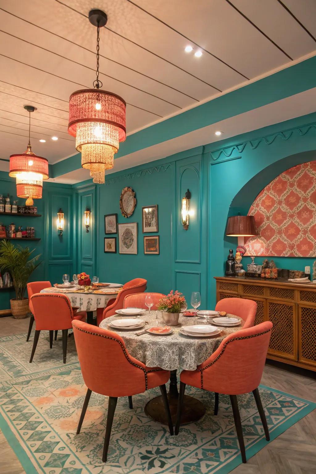 Teal and coral forge a vibrant, playful dining room