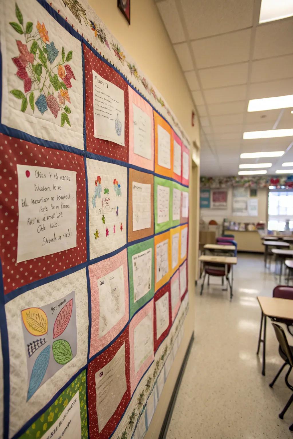 A Benevolence Quilt display showcasing a collaborative material quilt.