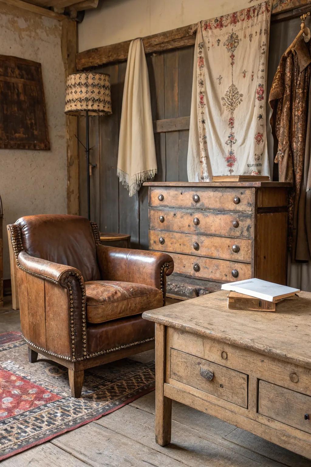 Weathered veneers impart authentic charm.