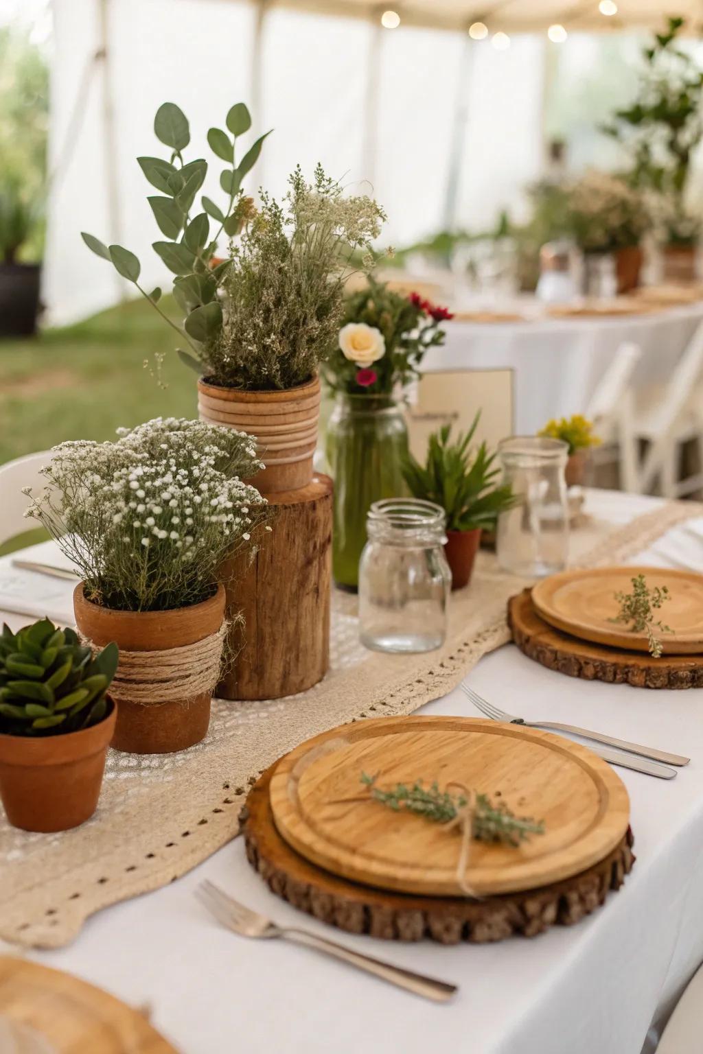 Eco-aware decor with plant bed flora for a sustainable wedding.