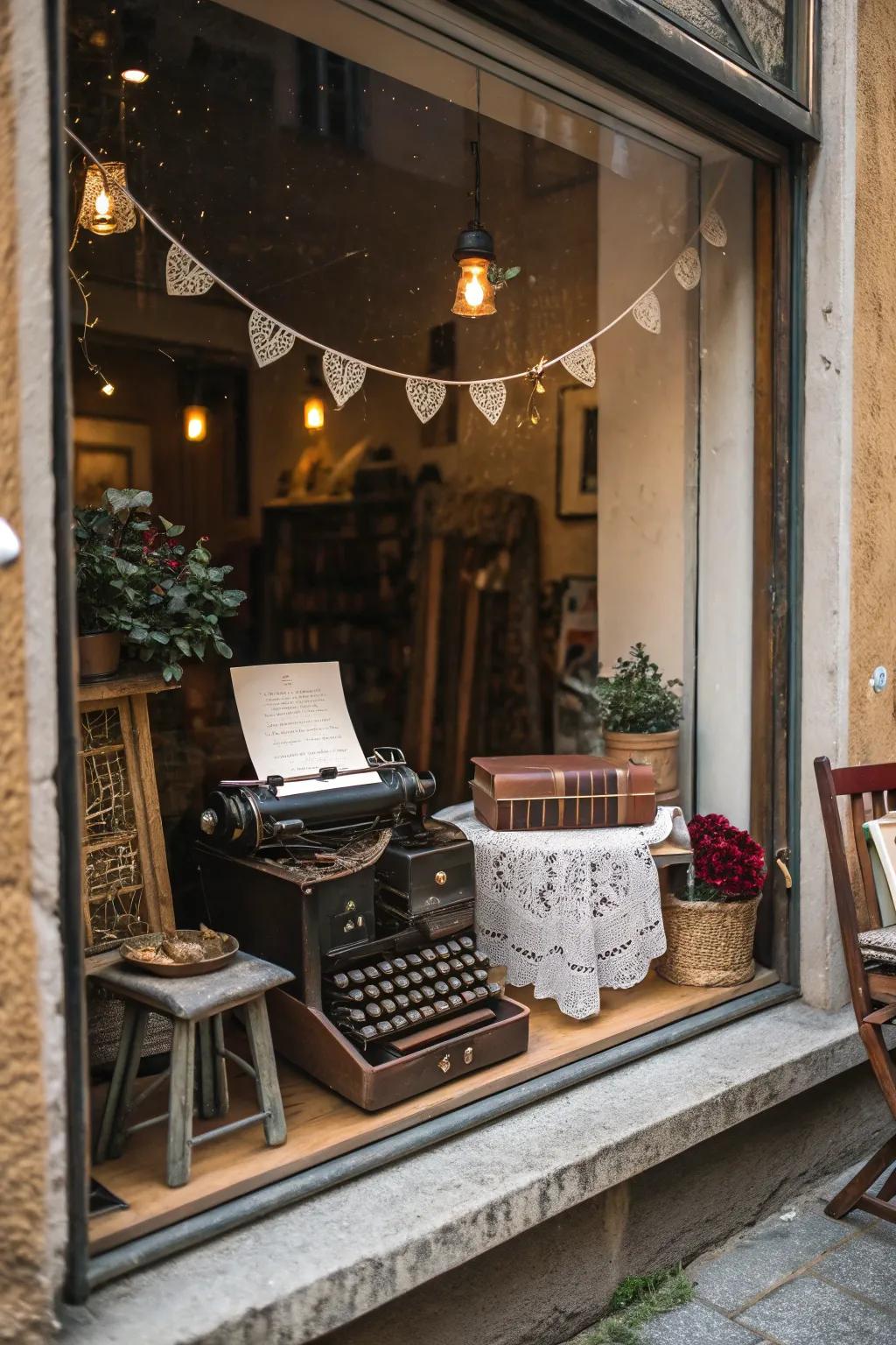 Vintage elements contribute nostalgic charm to this window display.