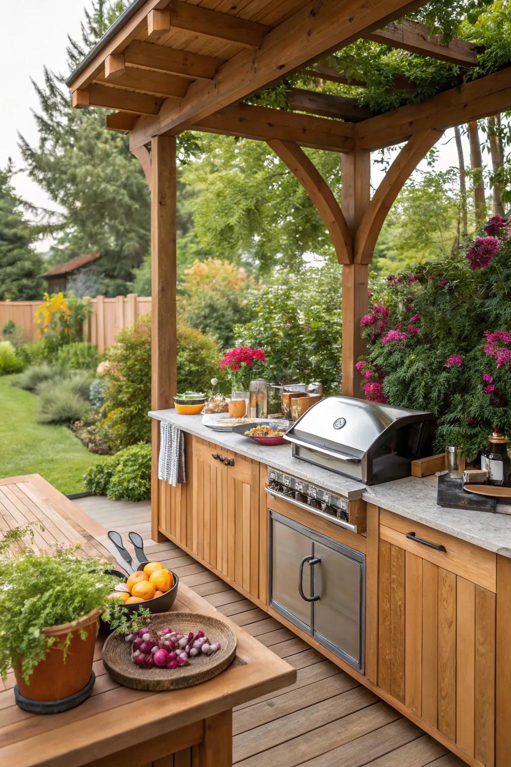 Cook in style using a timber outdoor cooking area.